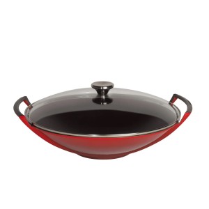 Le Creuset - Tradition Collection żeliwny Wok ze szklaną pokrywką 36 cm. 4,5 L. wiśniowy.