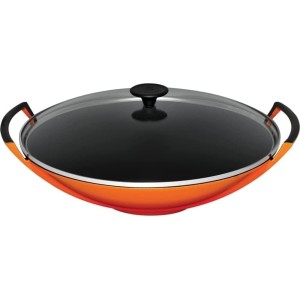 Le Creuset - Tradition Collection żeliwny Wok ze szklaną pokrywką 36 cm. 4,5 L. płomienny.