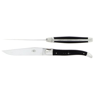 Forge de Laguiole Zestaw 2 noży do steków – rękojeść z ciemnego rogu podwójne stalowe bolsterki polerowane ostrze ze stali nierdzewnej