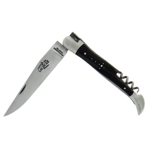 Forge de Laguiole Składany nóż 12 cm – ostrze korkociąg i szydło rękojeść z ciemnego rogu matowe wykończenie stalowe bolsterki