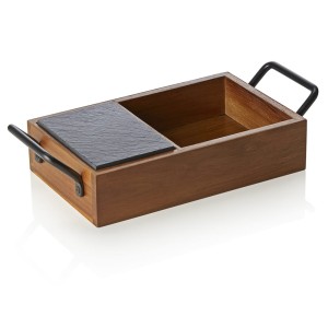 WAS Germany zestaw serwingowy do pieczywa SLATE & SERVE – koszyk z drewna akacjowego + 3 łupkowe płytki 24 × 15 cm